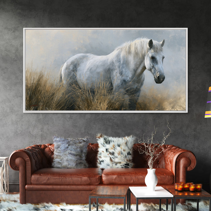 White Horse in Misty Sacred Landscape Framed Canvas Print, Spiritual Art, Art Print, Living Room Decor, Oil Painting, Spirit, SPI-2x1-30