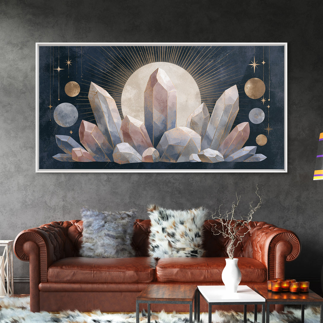 Crystal Cluster with Moonlight Reflections Framed Canvas Print, Spiritual Art, Digital Print, Living Room Decor, Spirit, SPI-2x1-33