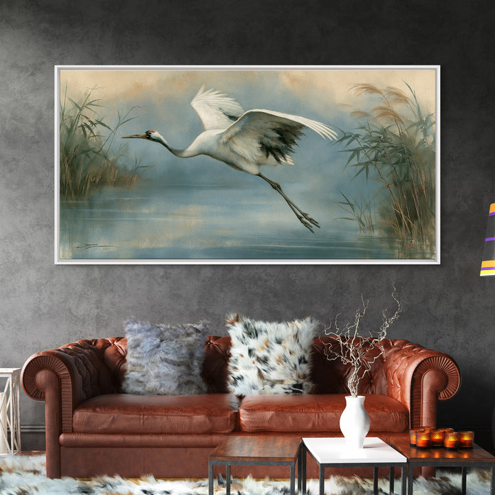 White Crane Flying Canvas Print, Spiritual Art, Minimalist Decor, Living Room Decor, Fine Art, Spirit, Wall Art Prints, SPI-2x1-44