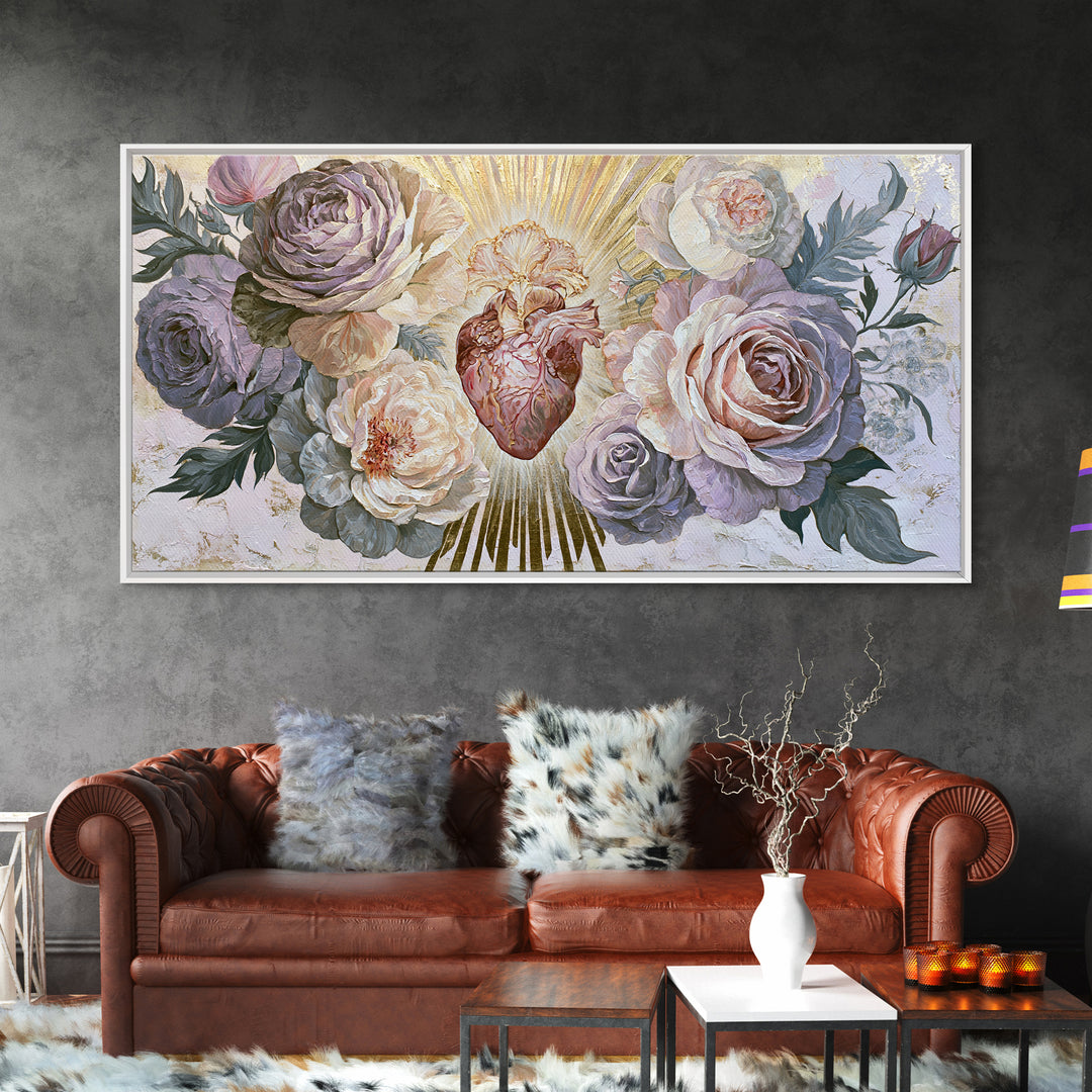 Sacred Heart with Roses and Gold Rays Canvas Print, Spiritual Art, Framed Wall Art, Living Room Decor, Fine Art, Spirit, SPI-2x1-58