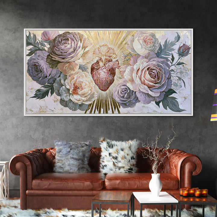 Sacred Heart with Roses and Gold Rays Canvas Print, Spiritual Art, Framed Wall Art, Living Room Decor, Fine Art, Spirit, SPI-2x1-58