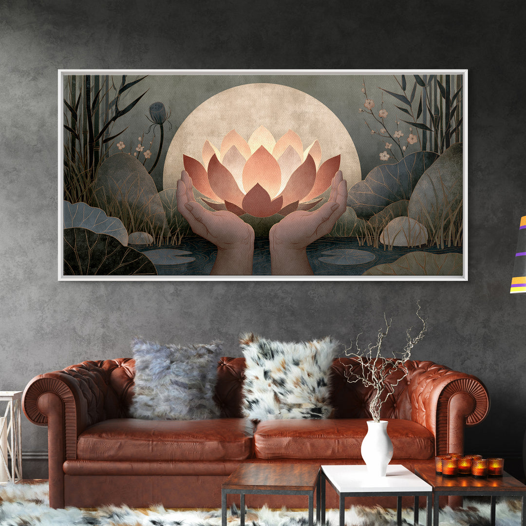 Hands Holding a Glowing Lotus Canvas Print, Spiritual Art, Neutral Decor, Living Room Decor, Abstract Art, Spirit, Wall Decor, SPI-2x1-71