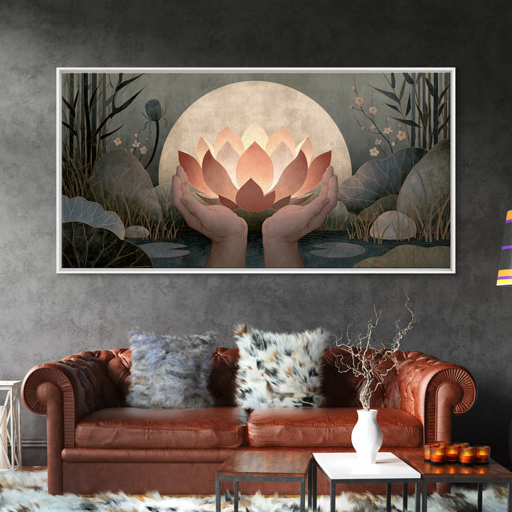 Hands Holding a Glowing Lotus Canvas Print, Spiritual Art, Neutral Decor, Living Room Decor, Abstract Art, Spirit, Wall Decor, SPI-2x1-71