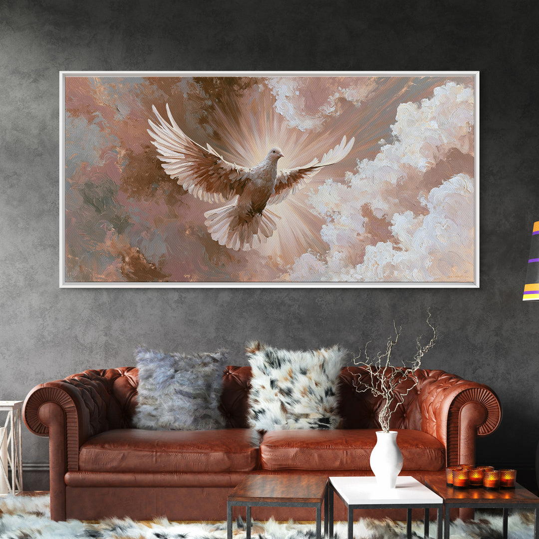 Dove Flying Through Radiant Clouds Canvas Print, Spiritual Art, Digital Poster, Living Room Decor, Fine Art, Spirit, SPI-2x1-73