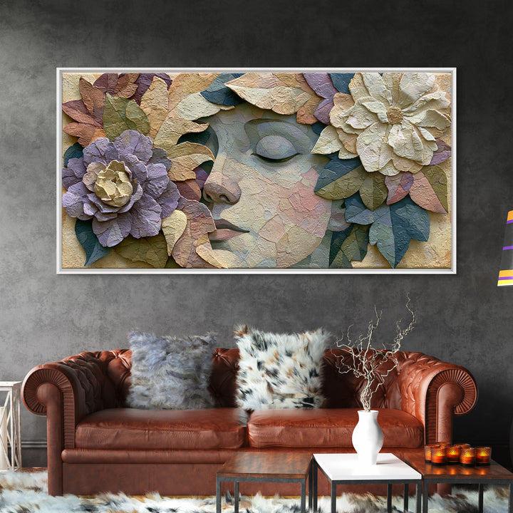 Serene Face with Closed Eyes and Flowers Framed Canvas Print, Spiritual Art, Abstract Wall Art, Living Room Decor, Oil Painting, SPI-2x1-80