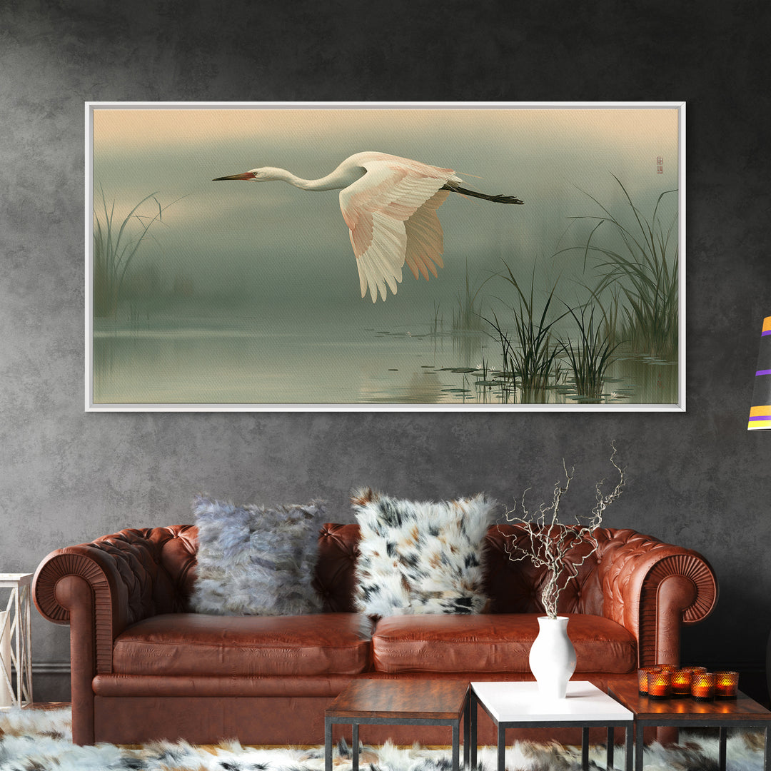 White Crane Flying Framed Canvas Print, Spiritual Art, Black Art, Living Room Decor, Fine Art, Spirit, Christian Decor, SPI-2x1-92