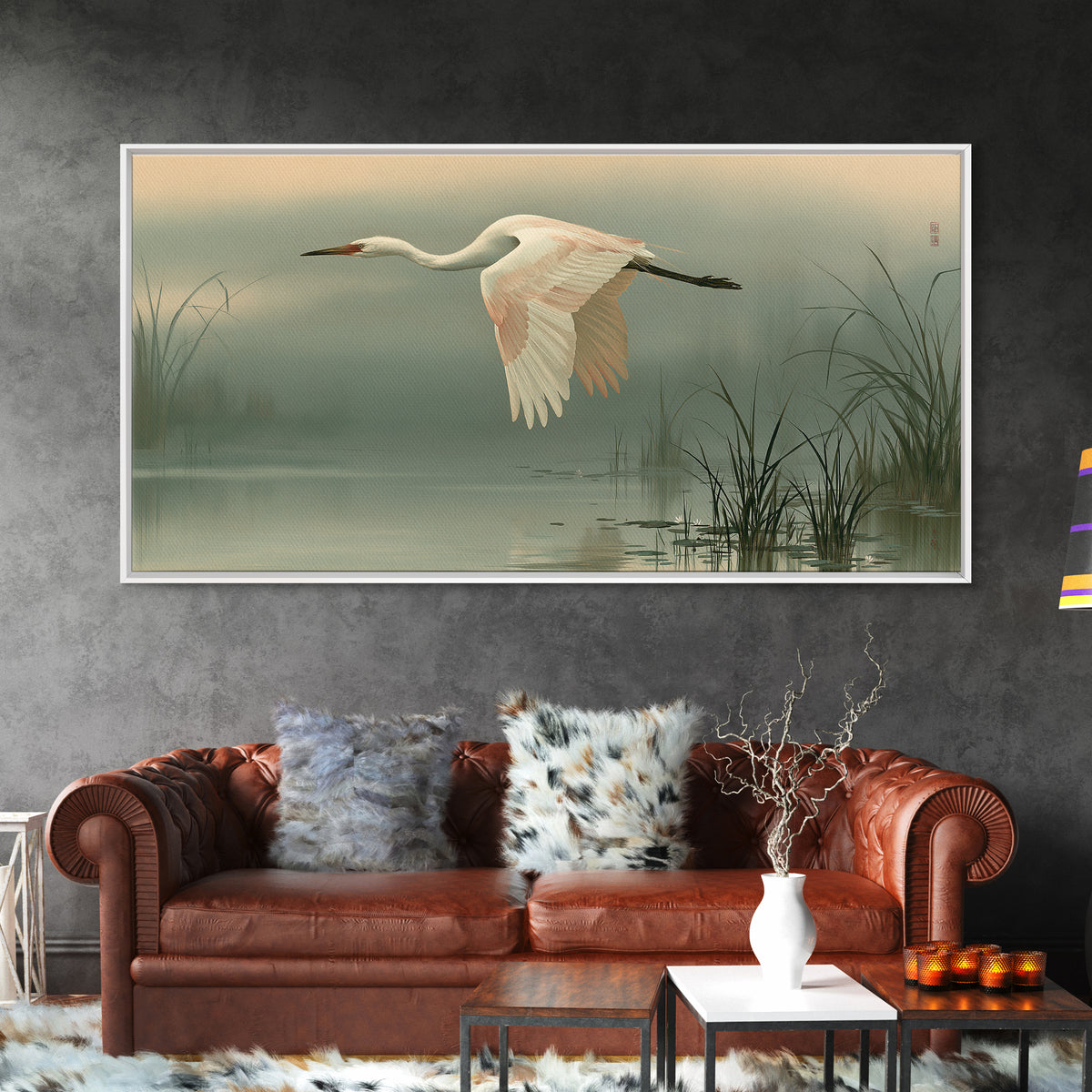White Crane Flying Framed Canvas Print, Spiritual Art, Black Art, Living Room Decor, Fine Art, Spirit, Christian Decor, SPI-2x1-92