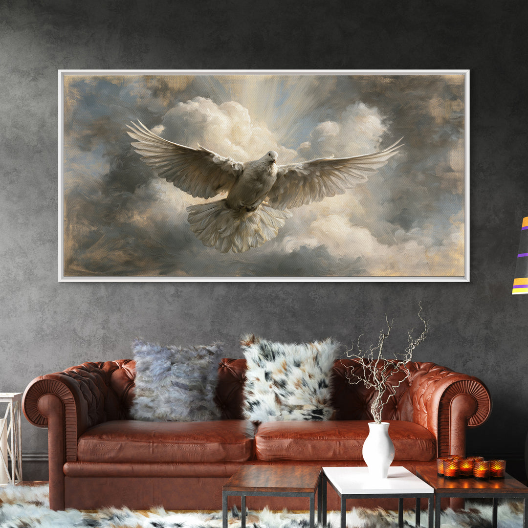 Dove Flying Through Radiant Clouds Framed Canvas Print, Spiritual Art, Modern Decor, Living Room Decor, Fine Art, Spirit, SPI-2x1-97