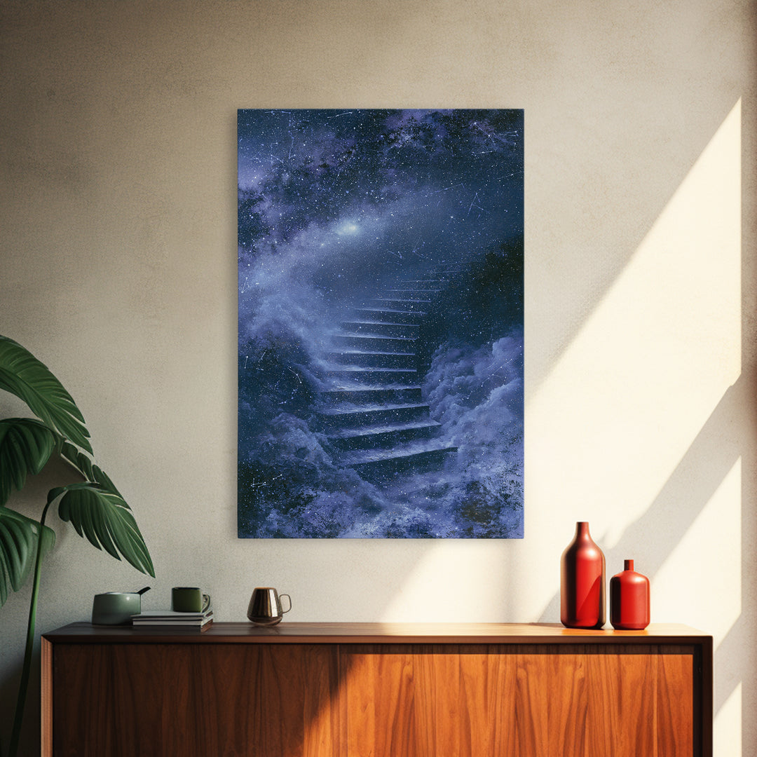 Celestial Staircase Through Clouds Framed Canvas Print, Spiritual Art, African American Art, Living Room Decor, Spirit, SPI-2x3-1