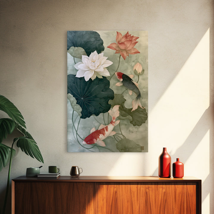 Lotus and Koi Framed Canvas Print, Spiritual Art, Digital Art, Living Room Decor, Abstract Art, Spirit, Funky Wall Art, SPI-2x3-2