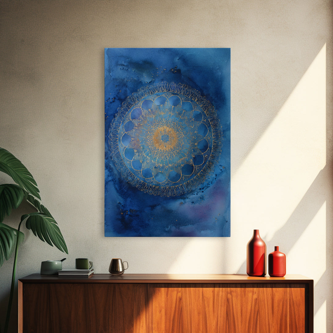 Gold Mandala on Deep Blue Background Framed Canvas Print, Spiritual Art, Digital Prints, Living Room Decor, Watercolor Art, SPI-2x3-36