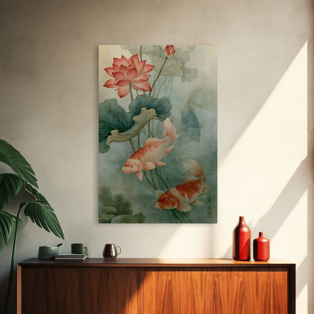 Lotus and Koi Canvas Print, Spiritual Art, Framed Wall Art, Living Room Decor, Fine Art, Spirit, Digital Poster, SPI-2x3-50