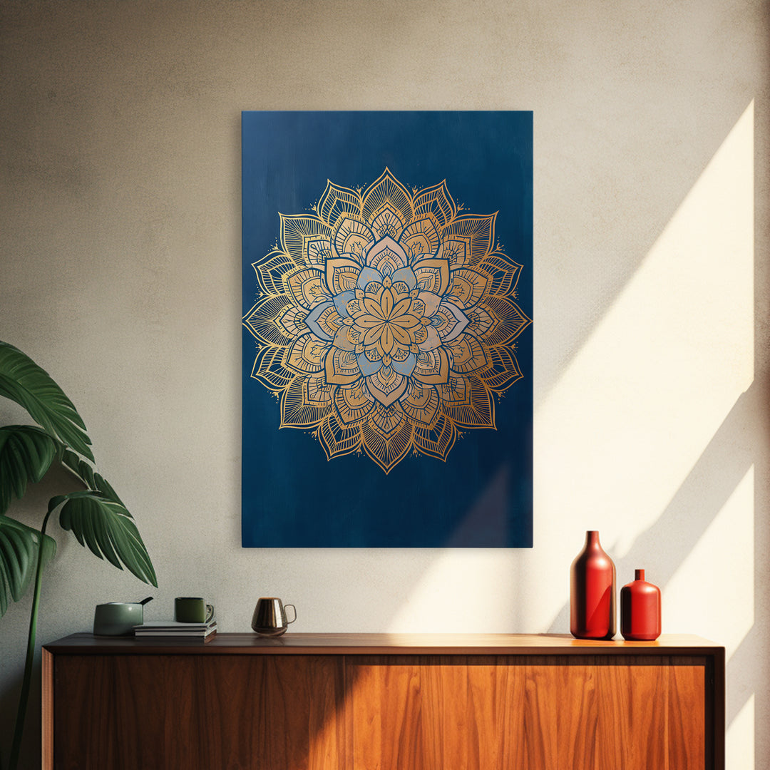 Gold Mandala on Deep Blue Background Framed Canvas Print, Spiritual Art, Christian Decor, Living Room Decor, Fine Art, Spirit, SPI-2x3-60