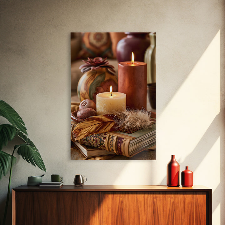 Candle and Feather Still Life Framed Canvas Print, Spiritual Art, Art, Living Room Decor, Fine Art, Spirit, Canvas Wall Art, SPI-2x3-76