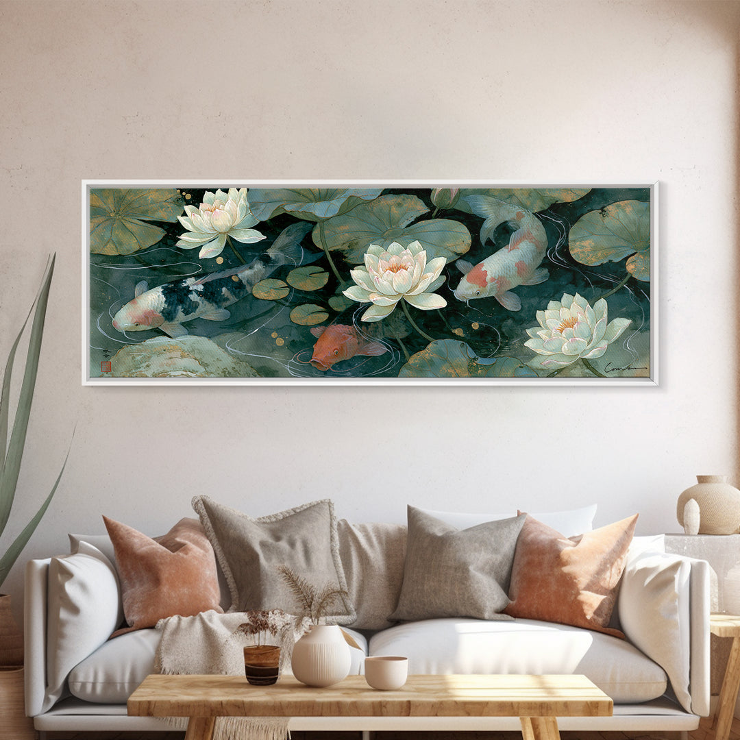 Lotus and Koi Framed Canvas Print, Spiritual Art, Canvas Wall Art, Living Room Decor, Fine Art, Spirit, Contemporary Art, SPI-3x1-10
