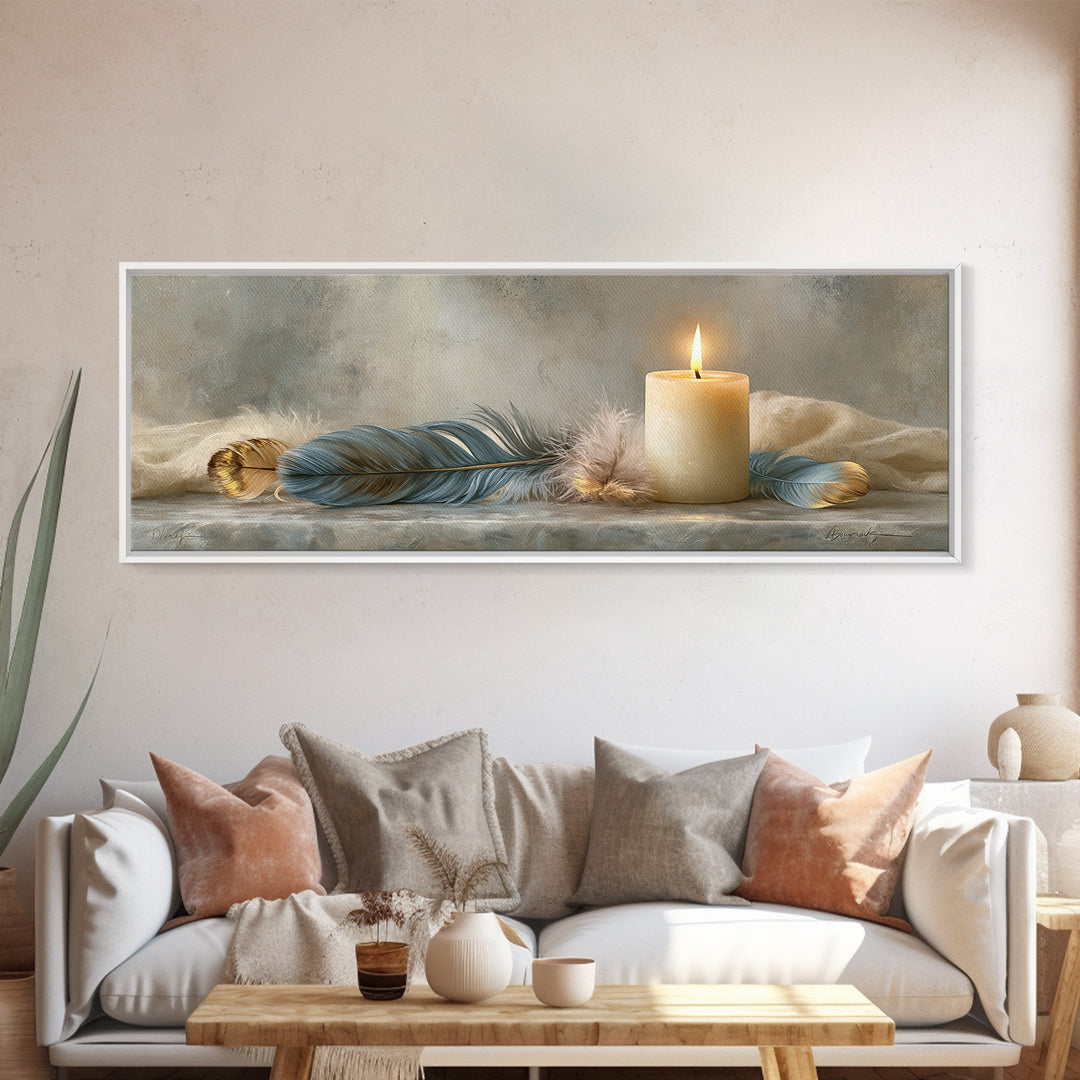 Candle and Feather Still Life Framed Canvas Print, Spiritual Art, Digital Poster, Living Room Decor, Fine Art, Spirit, SPI-3x1-12