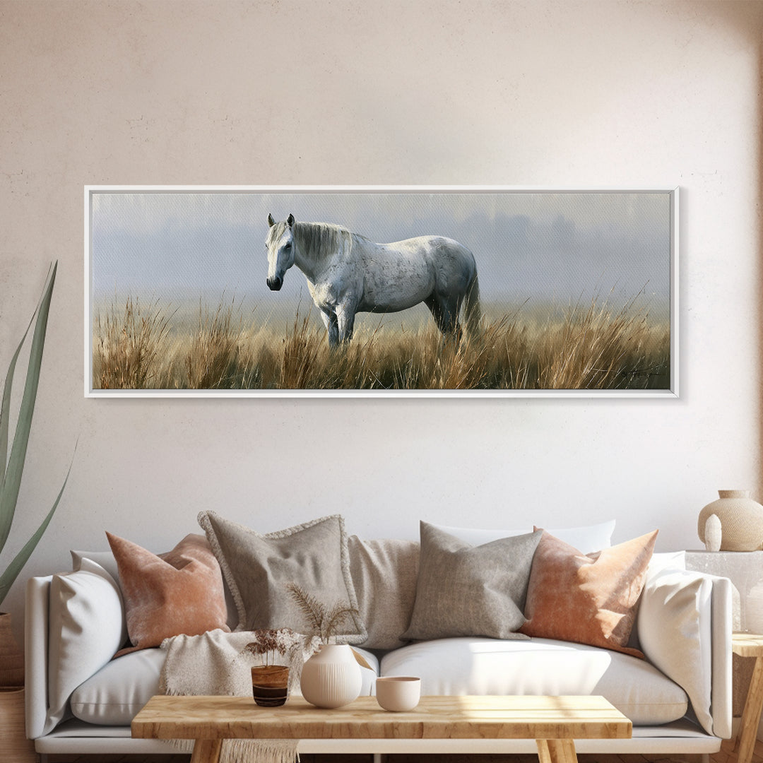 White Horse in Misty Sacred Landscape Framed Canvas Print, Spiritual Art, Abstract Wall Art, Living Room Decor, Spirit, SPI-3x1-2