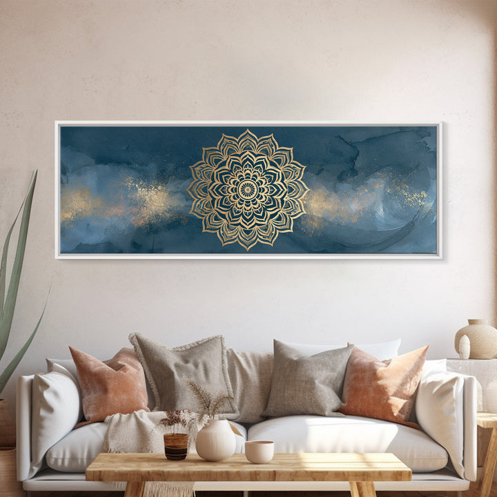 Gold Mandala on Deep Blue Background Canvas Print, Spiritual Art, Christian Decor, Living Room Decor, Fine Art, Spirit, SPI-3x1-20