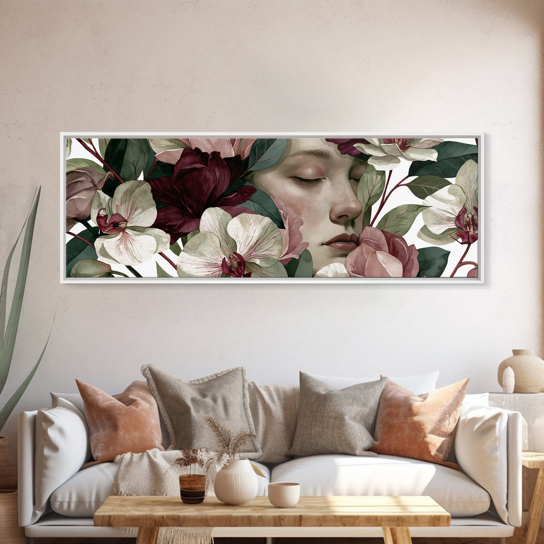 Serene Face with Closed Eyes and Flowers Canvas Print, Spiritual Art, Canvas Painting, Living Room Decor, Watercolor Art, SPI-3x1-4