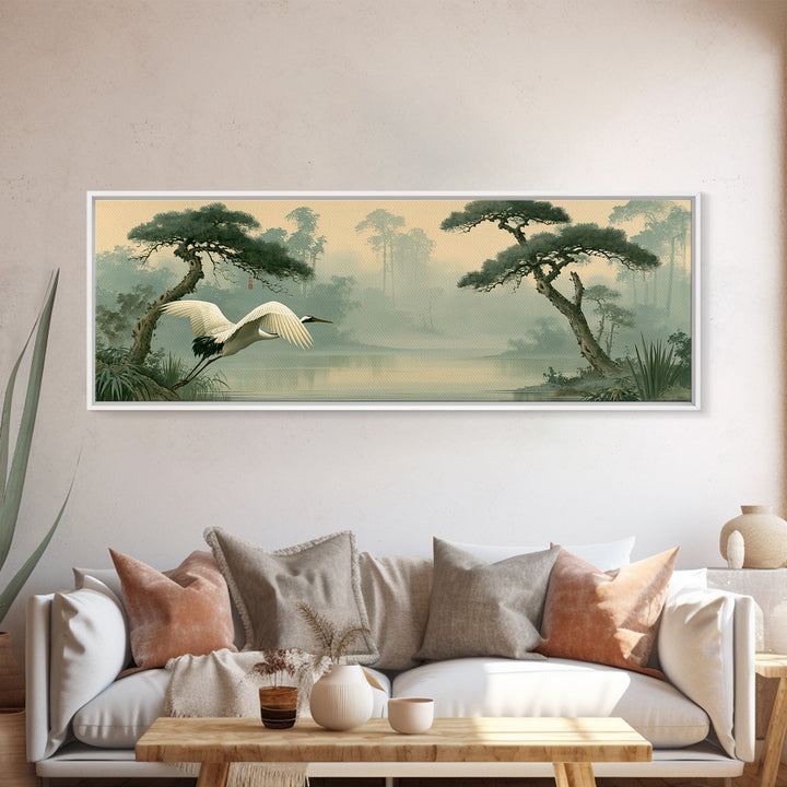 White Crane Flying Canvas Print, Spiritual Art, Fine Art Print, Living Room Decor, Oil Painting, Spirit, Digital Prints, SPI-3x1-40