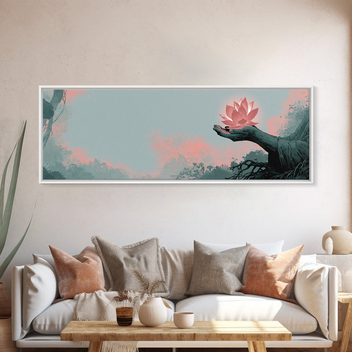 Hands Holding a Glowing Lotus Canvas Print, Spiritual Art, Wallart, Living Room Decor, Fine Art, Spirit, Mandala Wall Art, SPI-3x1-43