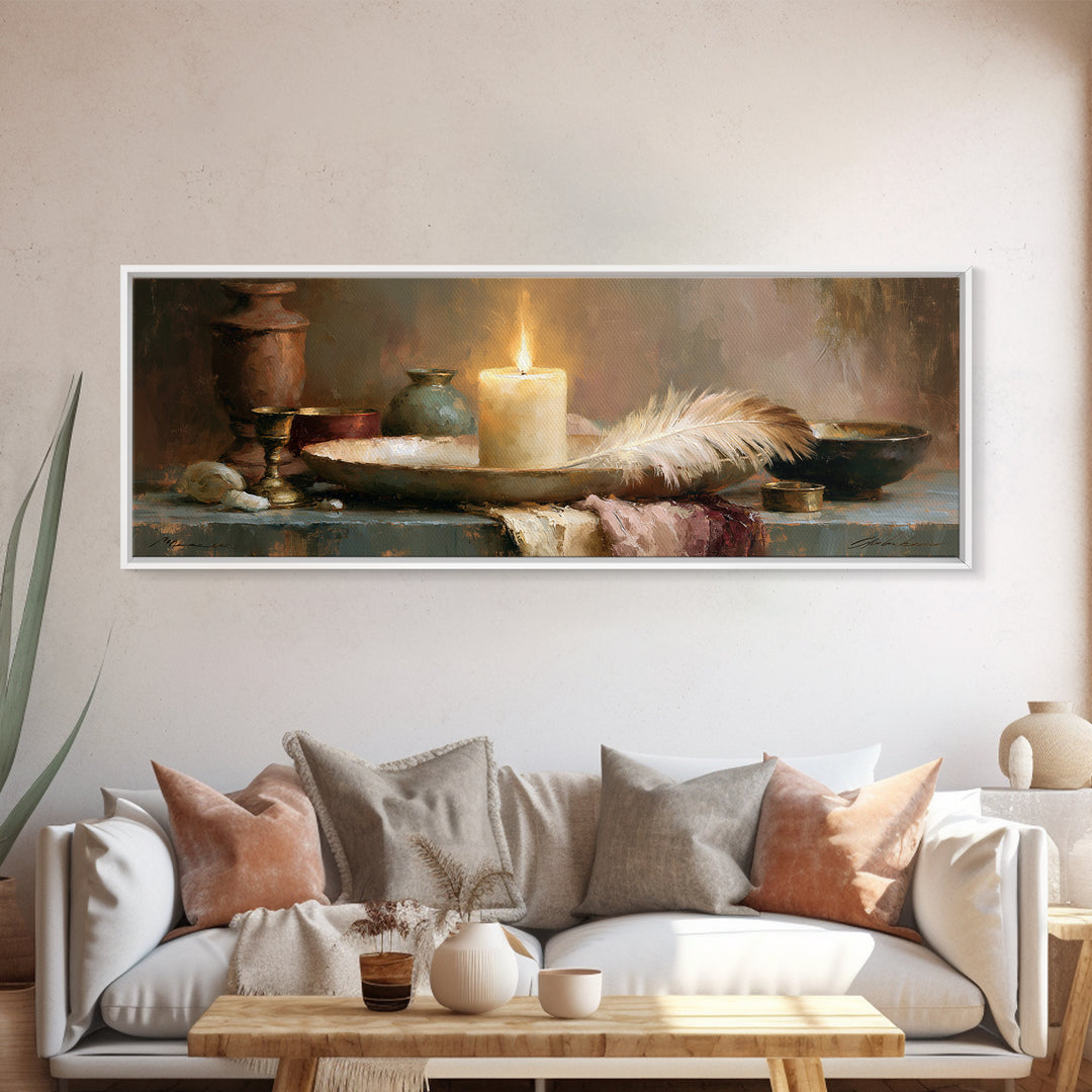 Candle and Feather Still Life Framed Canvas Print, Spiritual Art, Textured Painting, Living Room Decor, Fine Art, Spirit, SPI-3x1-60