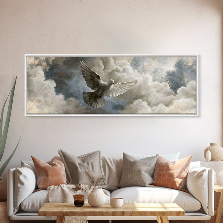 Dove Flying Through Radiant Clouds Framed Canvas Print, Spiritual Art, Art, Living Room Decor, Spirit, Canvas Wall Art, SPI-3x1-69