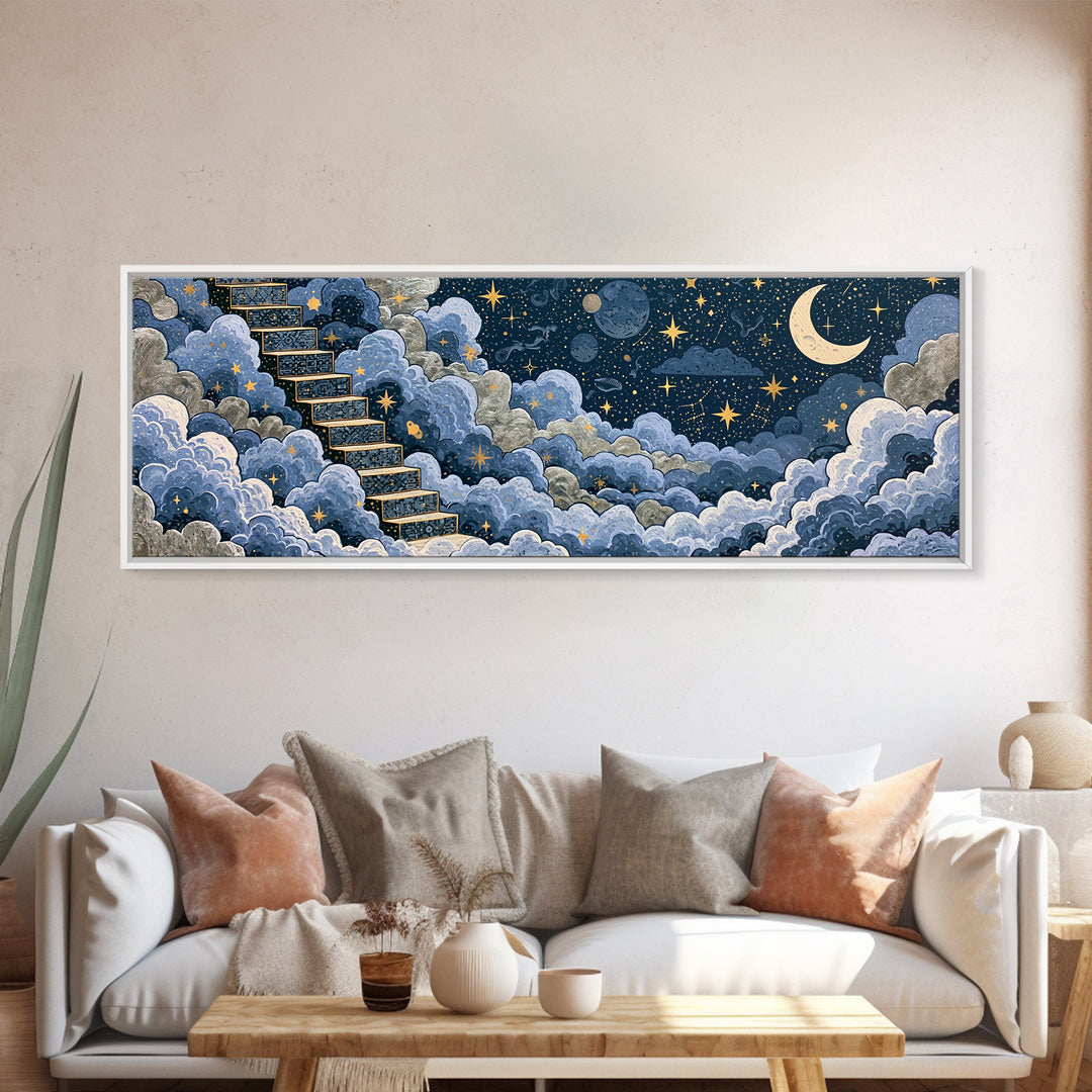 Celestial Staircase Through Clouds Framed Canvas Print, Spiritual Art, Wall Art, Living Room Decor, Fine Art, Spirit, SPI-3x1-81