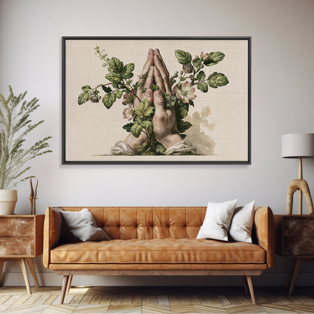 Prayer Hands with Botanical Details Framed Canvas Print, Spiritual Art, Living Room Decor, Watercolor Art, Spirit, SPI-3x2-13