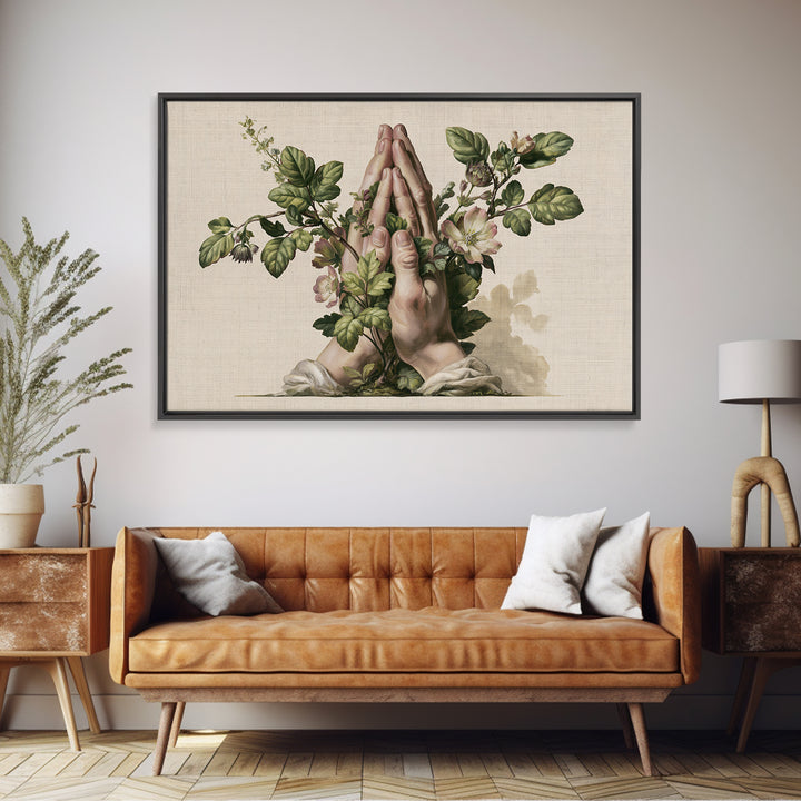 Prayer Hands with Botanical Details Framed Canvas Print, Spiritual Art, Living Room Decor, Watercolor Art, Spirit, SPI-3x2-13