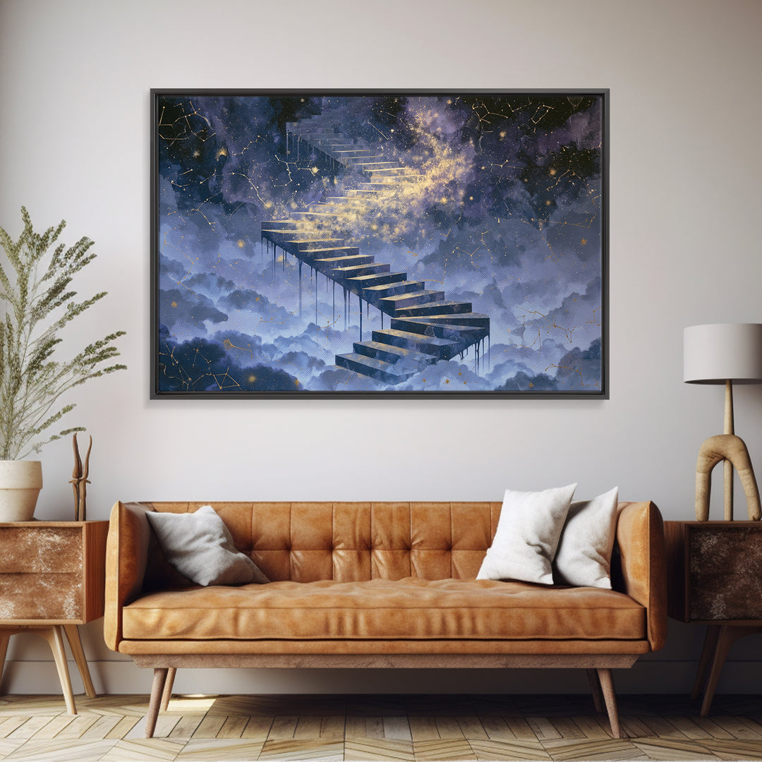 Celestial Staircase Through Clouds Framed Canvas Print, Spiritual Art, Room Decor, Living Room Decor, Fine Art, Spirit, SPI-3x2-45