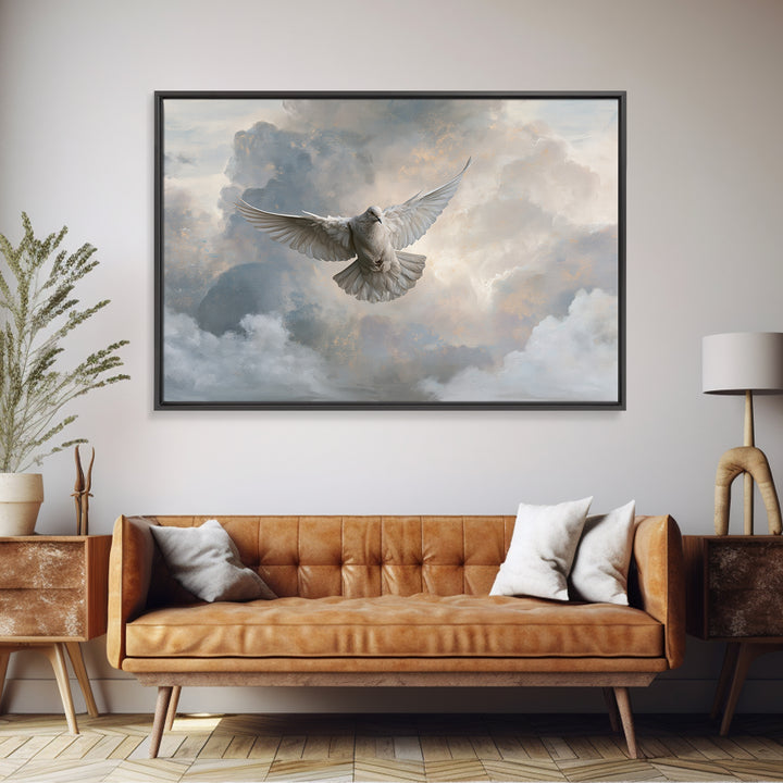 Dove Flying Through Radiant Clouds Canvas Print, Spiritual Art, Poster, Living Room Decor, Fine Art, Spirit, Framed Wall Art, SPI-3x2-57