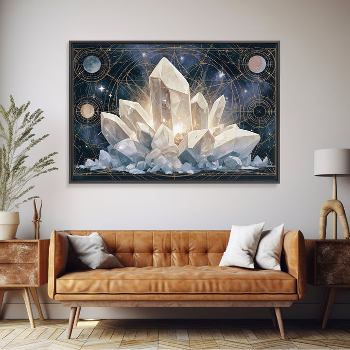 Crystal Cluster with Moonlight Reflections Framed Canvas Print, Spiritual Art, Living Room Decor, Watercolor Art, Spirit, SPI-3x2-65