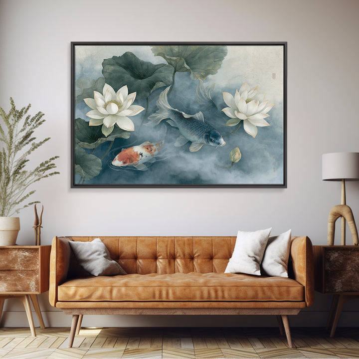 Lotus and Koi Framed Canvas Print, Spiritual Art, Neutral Decor, Living Room Decor, Fine Art, Spirit, Digital Prints, SPI-3x2-70