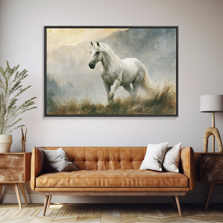 White Horse in Misty Sacred Landscape Framed Canvas Print, Spiritual Art, Boho Decor, Living Room Decor, Fine Art, Spirit, SPI-3x2-86