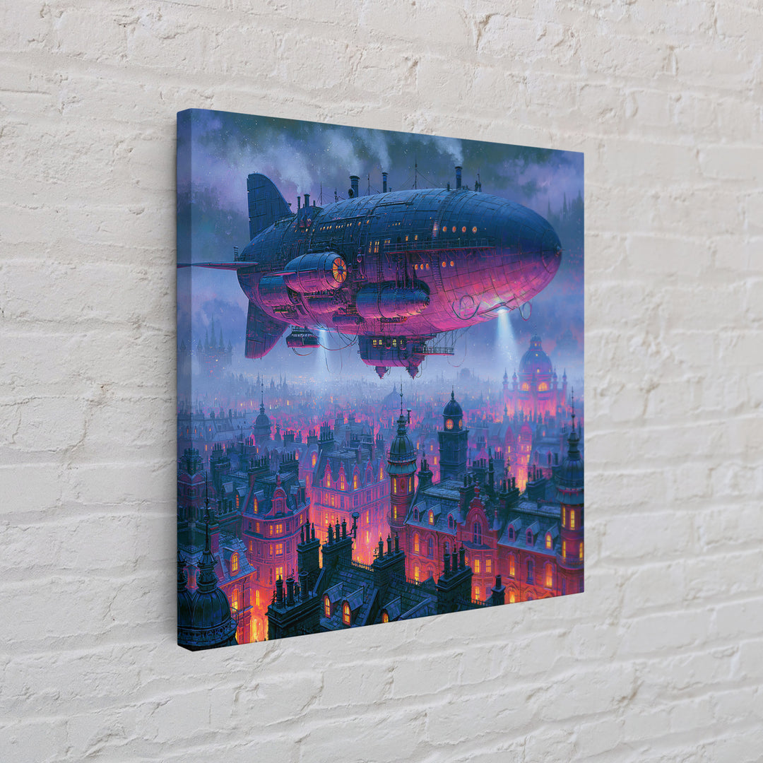 Airship Floating Above Victorian City Roofs Framed Canvas Print, Steampunk Art, Modern Art, Living Room Decor, Mechanic, STE-1x1-2