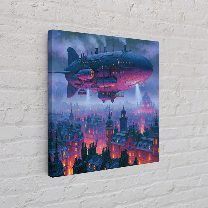 Airship Floating Above Victorian City Roofs Framed Canvas Print, Steampunk Art, Modern Art, Living Room Decor, Mechanic, STE-1x1-2