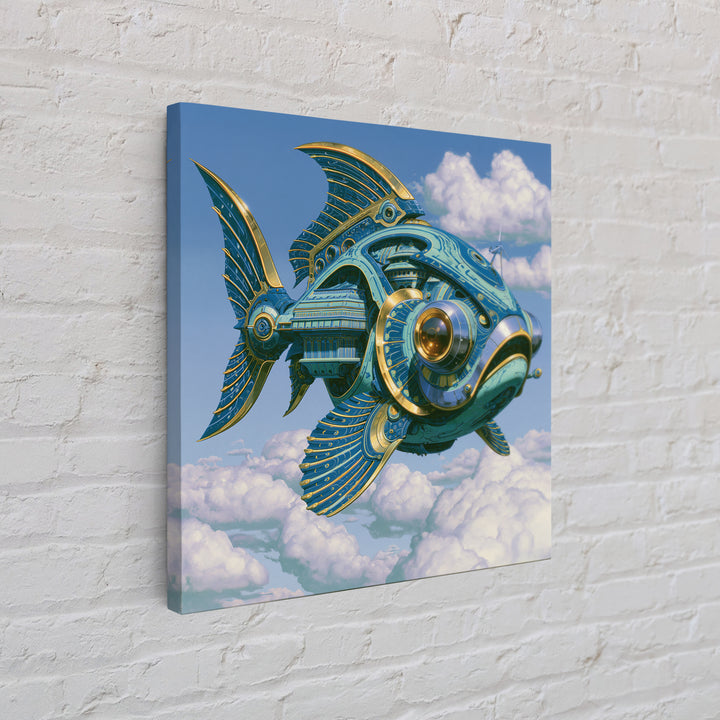 Mechanical Fish Swimming Through Clouds Canvas Print, Steampunk Art, Cat Art, Living Room Decor, Oil Painting, Mechanic, STE-1x1-22