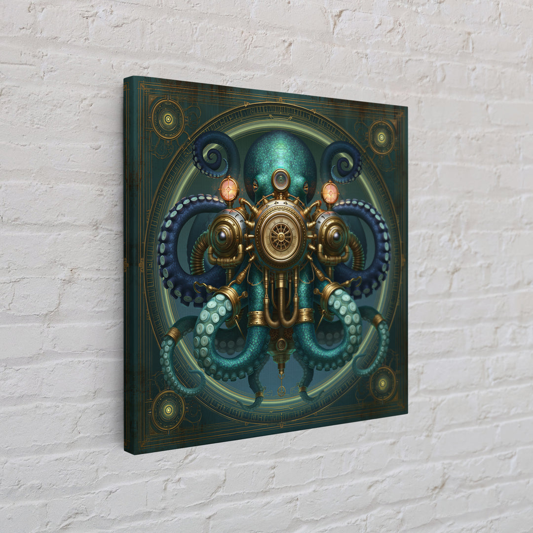 Steampunk Octopus with Brass Tentacles Framed Canvas Print, Steampunk Art, Textured Painting, Living Room Decor, Mechanic, STE-1x1-29
