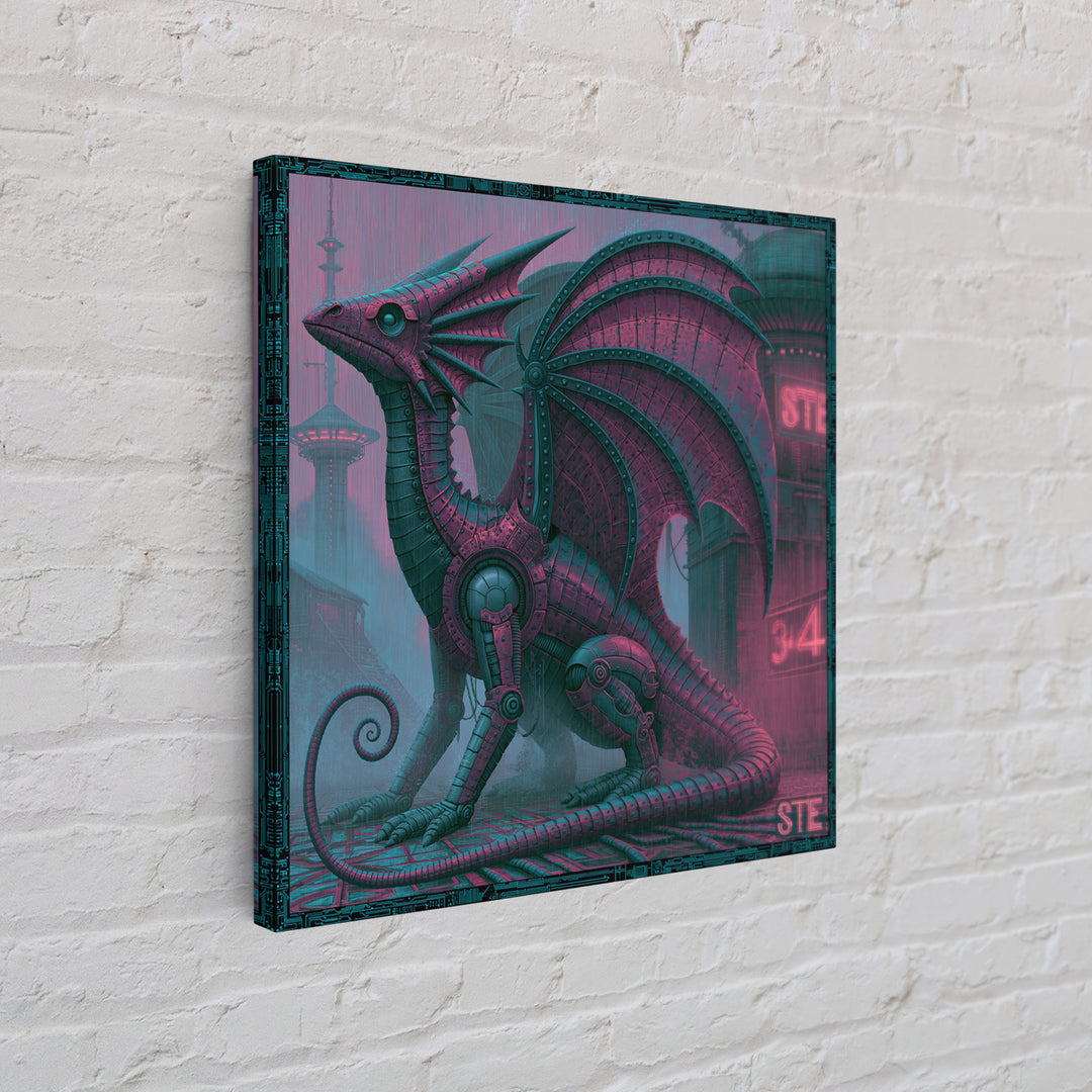 Copper Dragon with Riveted Wings Framed Canvas Print, Steampunk Art, Abstract Art Print, Living Room Decor, Watercolor Art, STE-1x1-34