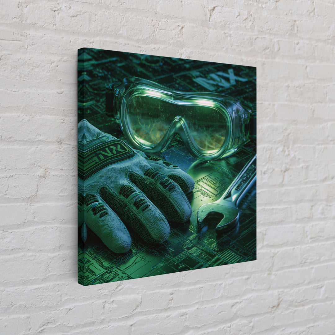 Goggles Gloves and Wrench Still Life Framed Canvas Print, Steampunk Art, Boho Wall Art, Living Room Decor, Fine Art, Mechanic, STE-1x1-47
