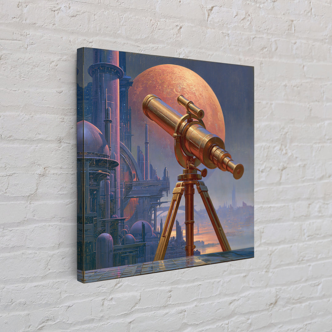 Brass Telescope Aimed at Copper Moon Framed Canvas Print, Steampunk Art, Wall Decor, Living Room Decor, Fine Art, Mechanic, STE-1x1-48