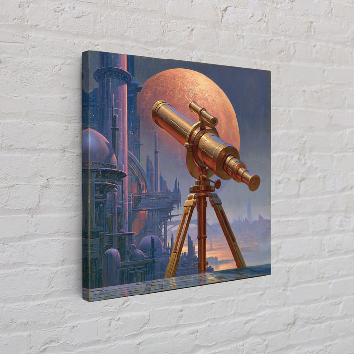 Brass Telescope Aimed at Copper Moon Framed Canvas Print, Steampunk Art, Wall Decor, Living Room Decor, Fine Art, Mechanic, STE-1x1-48