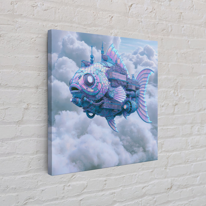 Mechanical Fish Swimming Through Clouds Framed Canvas Print, Steampunk Art, Steampunk Decor, Living Room Decor, Mechanic, STE-1x1-70