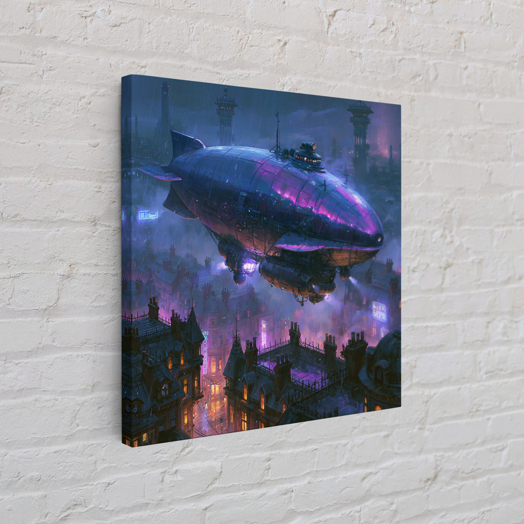 Airship Floating Above Victorian City Roofs Framed Canvas Print, Steampunk Art, Fine Art Print, Living Room Decor, Mechanic, STE-1x1-74