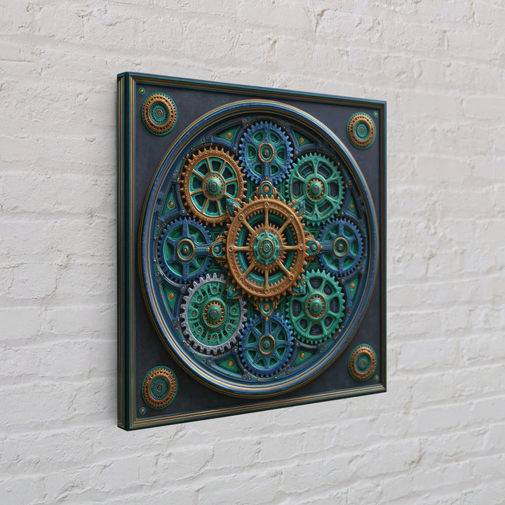 Cogwheel Mandala in Bronze and Teal Framed Canvas Print, Steampunk Art, Minimalist Decor, Living Room Decor, Fine Art, Mechanic, STE-1x1-88