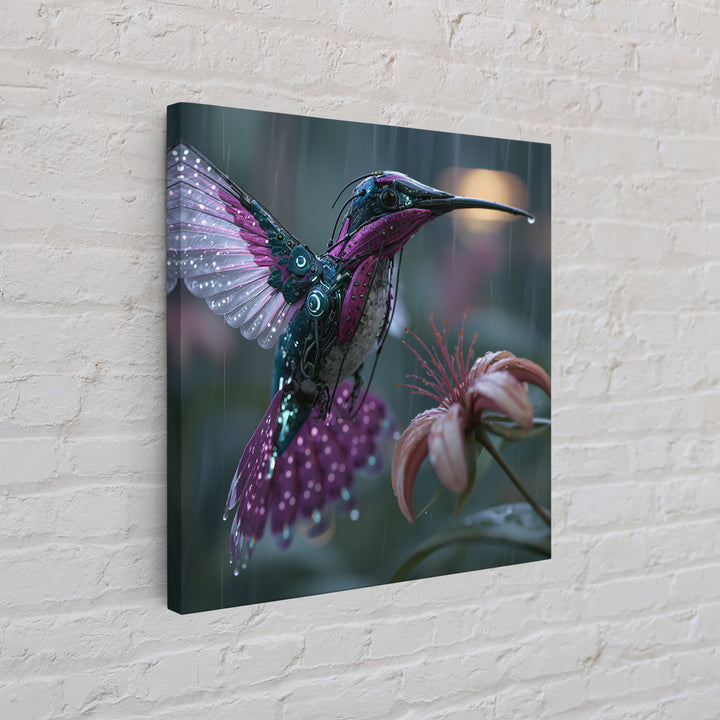 Mechanical Hummingbird Hovering Near Flower Canvas Print, Steampunk Art, Statement Artwork, Living Room Decor, Mechanic, STE-1x1-9