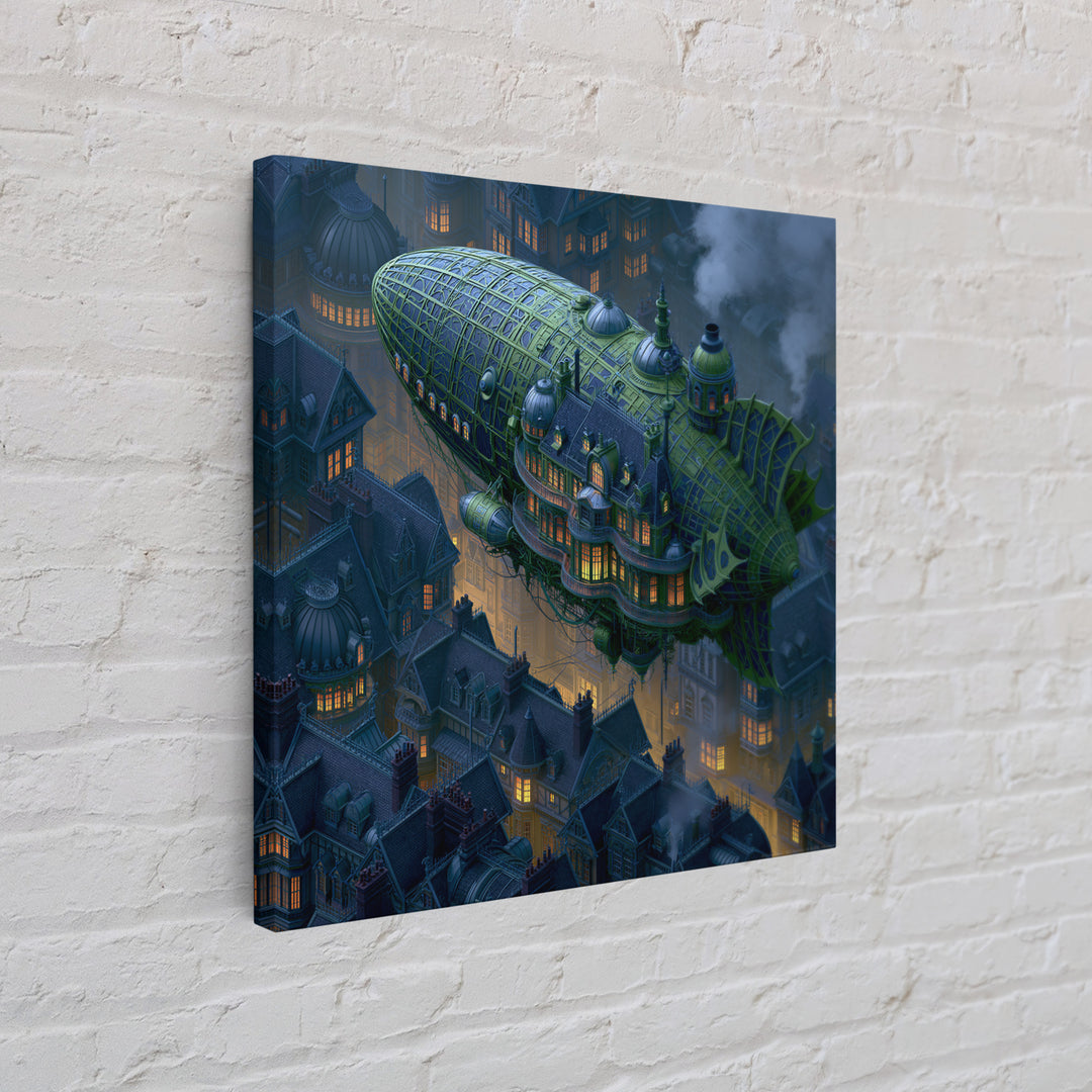 Airship Floating Above Victorian City Roofs Canvas Print, Steampunk Art, Textured Painting, Living Room Decor, Mechanic, STE-1x1-98
