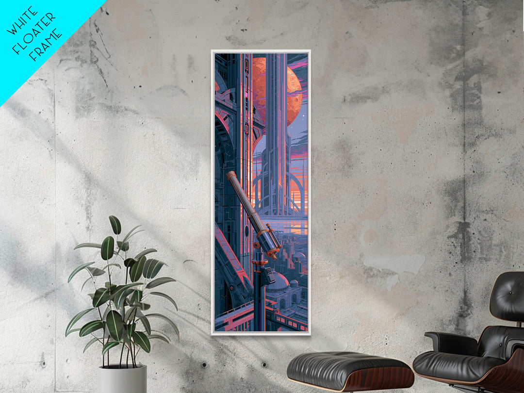Brass Telescope Aimed at Copper Moon Framed Canvas Print, Steampunk Art, Digital Art, Living Room Decor, Fine Art, Mechanic, STE-1x3-36