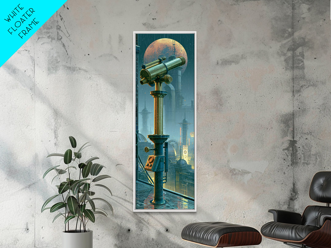 Brass Telescope Aimed at Copper Moon Canvas Print, Steampunk Art, Canvas Art, Living Room Decor, Abstract Art, Mechanic, STE-1x3-60